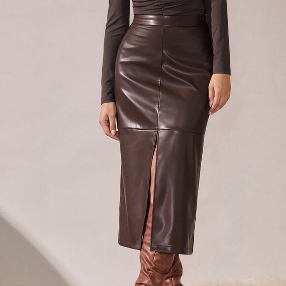 Brown Casual Women's Elegant A-Line Split Hem faux leather Skirt - Picture 7 of 8